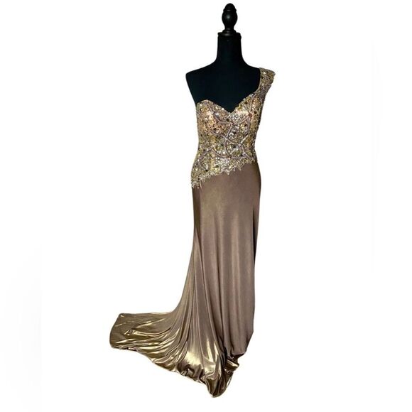 TERANI COUTURE prom pageant gown beaded bronze brown floor length dress sz 8 NWT - Picture 2 of 12
